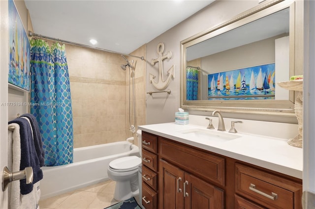 full bathroom featuring tile patterned floors, toilet, shower / bath combo with shower curtain, and vanity