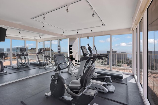 2800 E Sunrise Blvd Unit 14B, Fort Lauderdale, FL 33304 - gym with a healthy amount of sunlight, rail lighting, and a view of city