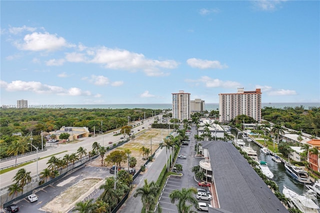drone / aerial view with a city view and a water view