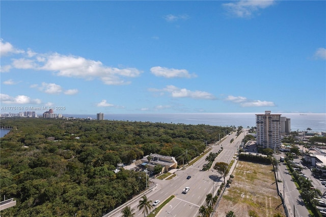 drone / aerial view with a city view and a water view