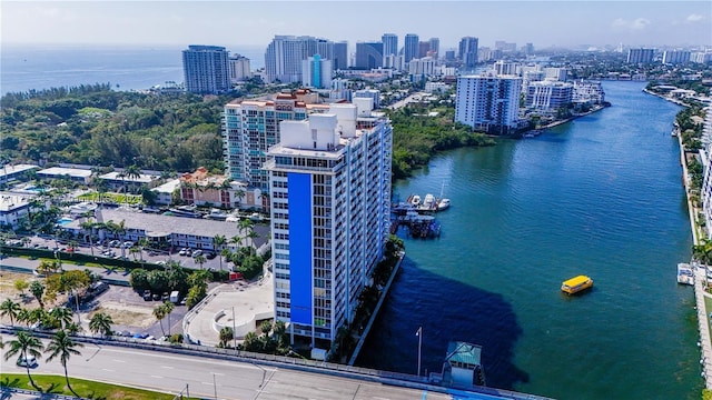 aerial view with a water view and a view of city
