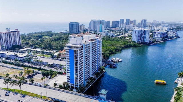 bird's eye view featuring a city view and a water view