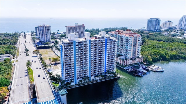 aerial view with a city view and a water view