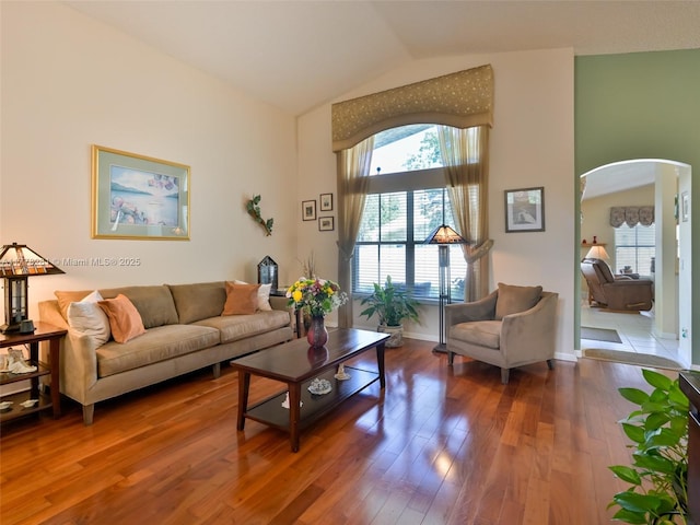 living room featuring baseboards, arched walkways, wood finished floors, and lofted ceiling