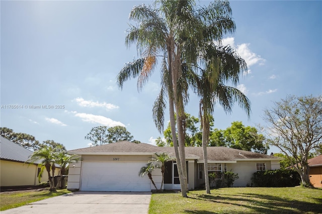 ranch-style house with a front lawn, concrete driveway, a garage, and stucco siding