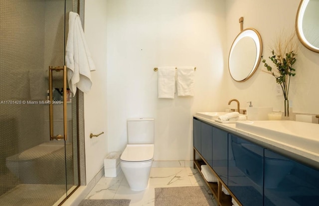 bathroom featuring a sink, double vanity, toilet, marble finish floor, and a shower stall