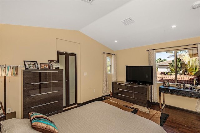 1094 Redwood St ., Unit Hollywood, FL 33019 - bedroom featuring visible vents, baseboards, recessed lighting, vaulted ceiling, and dark wood-type flooring