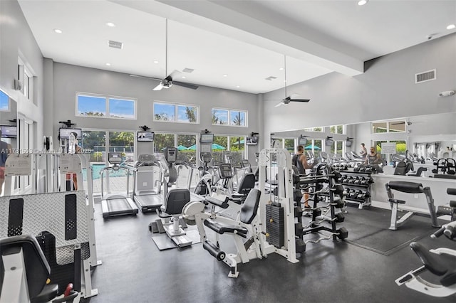 1094 Redwood St ., Unit Hollywood, FL 33019 - workout area featuring visible vents, a ceiling fan, and a healthy amount of sunlight