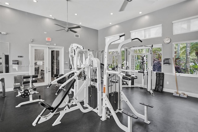 1094 Redwood St ., Unit Hollywood, FL 33019 - exercise room featuring visible vents, baseboards, a ceiling fan, recessed lighting, and french doors