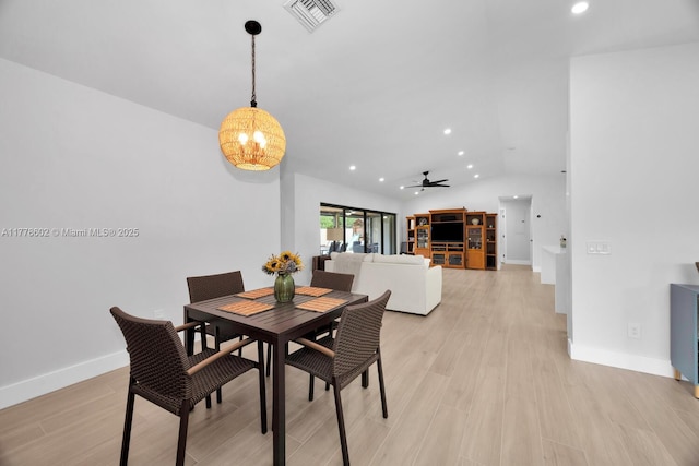dining room with recessed lighting, visible vents, light wood-style flooring, and lofted ceiling