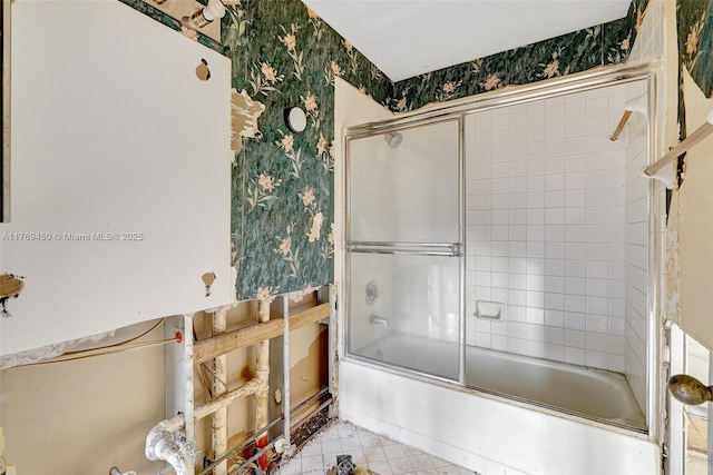1163 SE 6th Ct, Dania Beach, FL 33004 - bathroom featuring wallpapered walls, shower / bath combination with glass door, and tile patterned floors