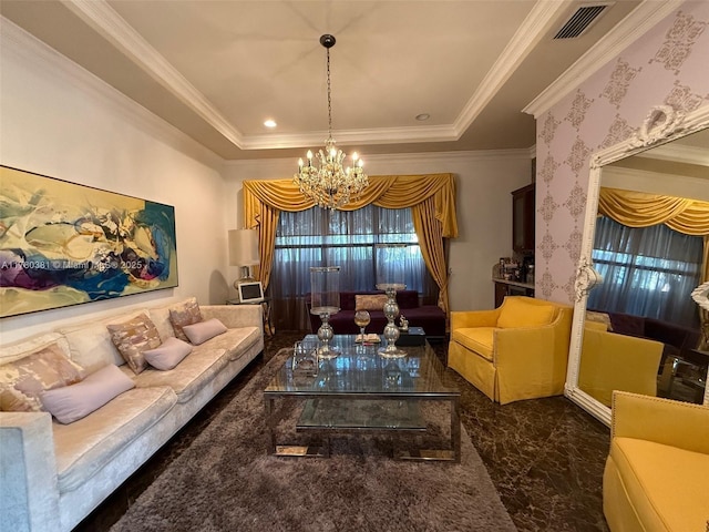 living area with an inviting chandelier, crown molding, visible vents, a tray ceiling, and marble finish floor