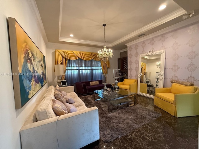 living room with a raised ceiling, a chandelier, crown molding, wallpapered walls, and marble finish floor