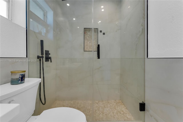 bathroom with toilet and a shower stall