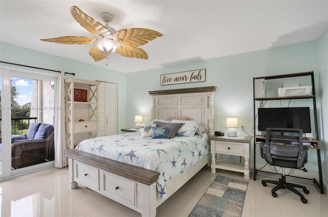 bedroom with access to exterior and a ceiling fan