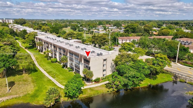 bird's eye view with a water view