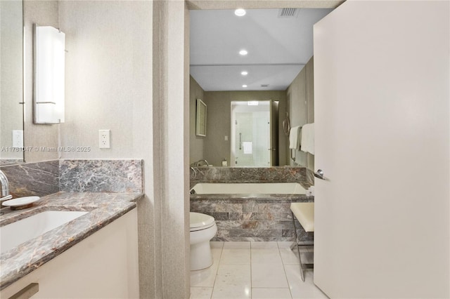 bathroom featuring recessed lighting, vanity, tile patterned floors, toilet, and visible vents