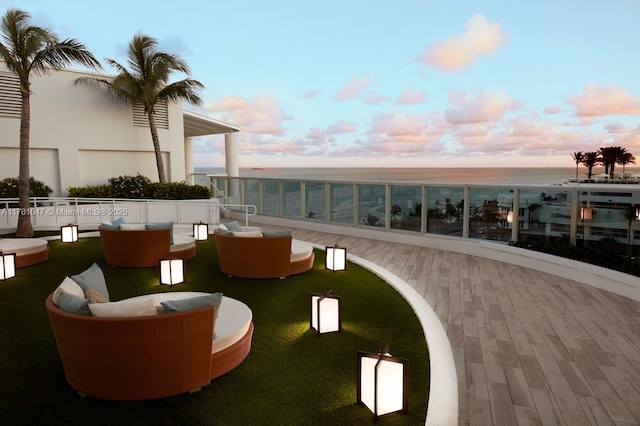 building lobby with a water view