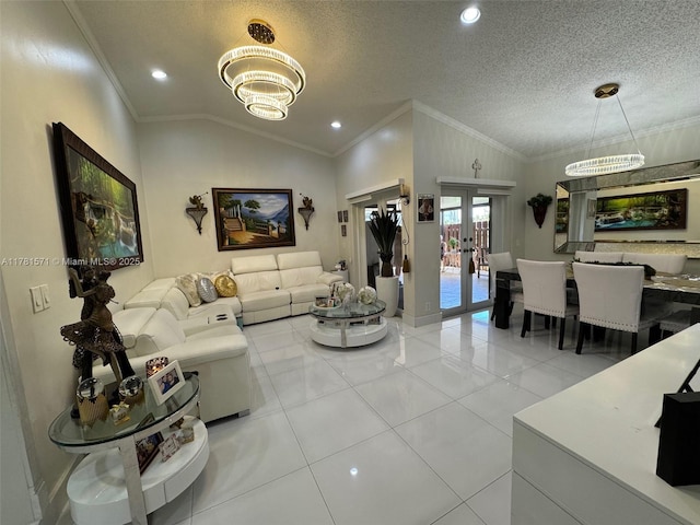 17012 NW 66th Ct, Hialeah, FL 33015 - living area featuring lofted ceiling, light tile patterned flooring, french doors, and crown molding