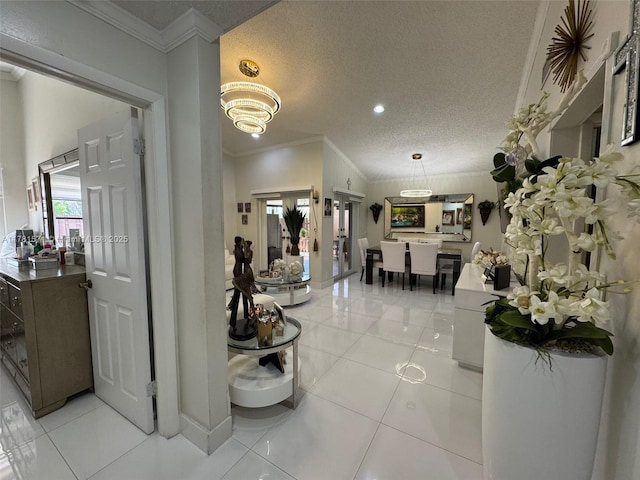 17012 NW 66th Ct, Hialeah, FL 33015 - interior space featuring ornamental molding, light tile patterned flooring, a chandelier, and a textured ceiling