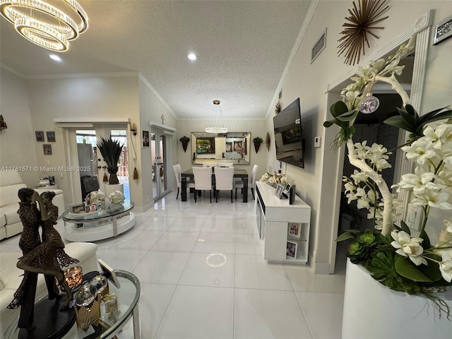 17012 NW 66th Ct, Hialeah, FL 33015 - interior space with a textured ceiling, visible vents, an inviting chandelier, recessed lighting, and ornamental molding