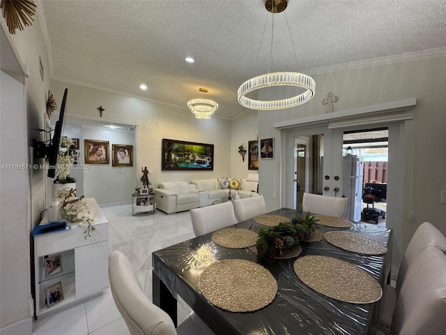 17012 NW 66th Ct, Hialeah, FL 33015 - dining space with a notable chandelier, crown molding, a textured ceiling, and light tile patterned floors