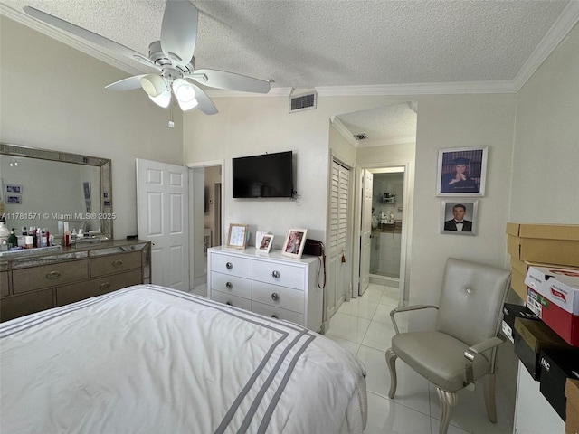 17012 NW 66th Ct, Hialeah, FL 33015 - bedroom featuring a textured ceiling, visible vents, crown molding, and connected bathroom