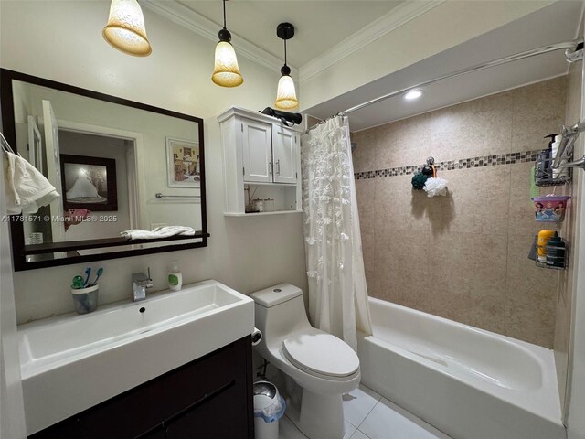 17012 NW 66th Ct, Hialeah, FL 33015 - bathroom featuring tile patterned floors, toilet, vanity, ornamental molding, and shower / tub combo with curtain