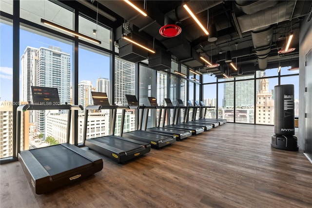 398 NE 5th St Unit 2119, Miami, FL 33132 - workout area featuring floor to ceiling windows, wood finished floors, and a city view
