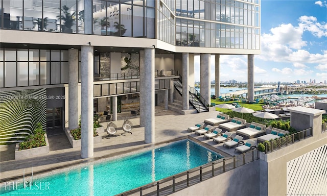 398 NE 5th St Unit 2119, Miami, FL 33132 - pool featuring a water view, stairs, and a patio area
