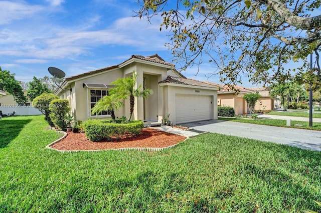view of front facade featuring a garage, a front yard, stucco siding, driveway, and a tile roof