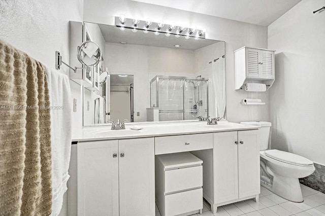 full bath featuring a sink, tile patterned flooring, double vanity, toilet, and a shower stall