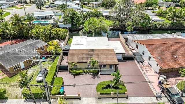 aerial view with a water view and a residential view