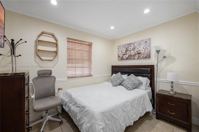 bedroom with light tile patterned floors, ornamental molding, and recessed lighting