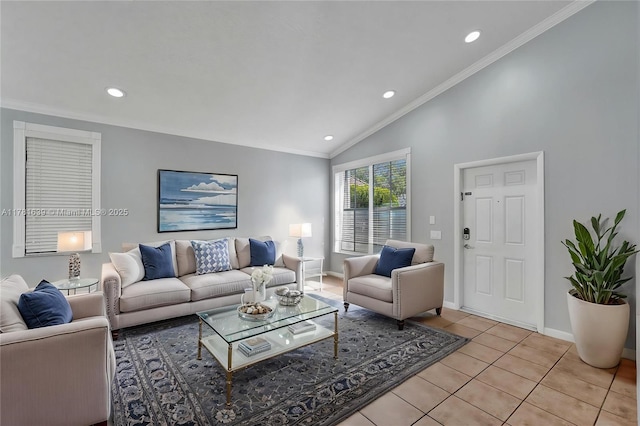 living room featuring crown molding, baseboards, and lofted ceiling