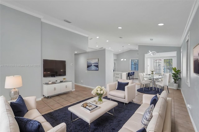 living area with visible vents, crown molding, recessed lighting, vaulted ceiling, and light tile patterned flooring