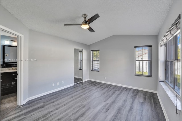 unfurnished bedroom featuring baseboards, vaulted ceiling, a textured ceiling, dark wood finished floors, and a sink