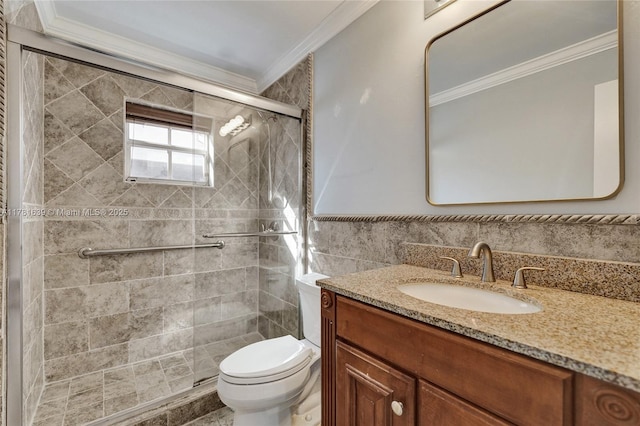 full bath featuring vanity, tile walls, ornamental molding, and toilet