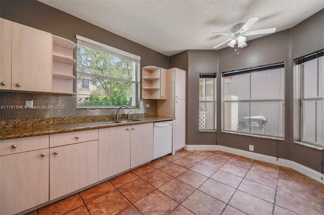 1551 Seagrape Way, Hollywood, FL 33019 - kitchen with backsplash, a textured ceiling, open shelves, and dishwasher