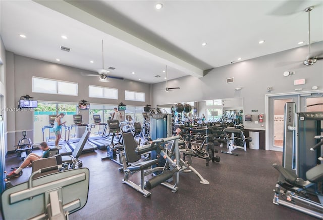 1551 Seagrape Way, Hollywood, FL 33019 - exercise room featuring visible vents, a ceiling fan, a high ceiling, and recessed lighting