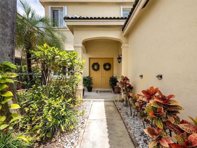 view of exterior entry with stucco siding