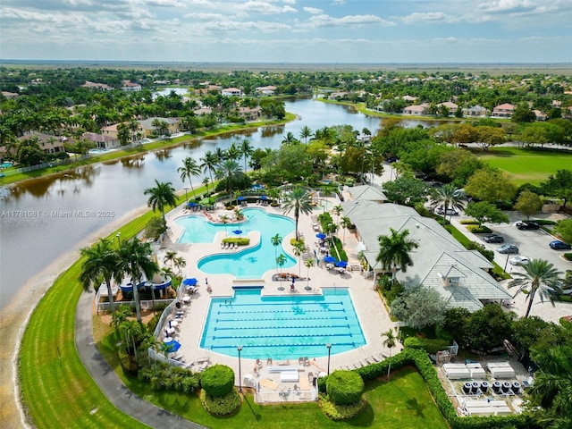 bird's eye view with a water view