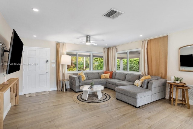 509 NE 29th St, Wilton Manors, FL 33334 - living room with a ceiling fan, light wood finished floors, and recessed lighting