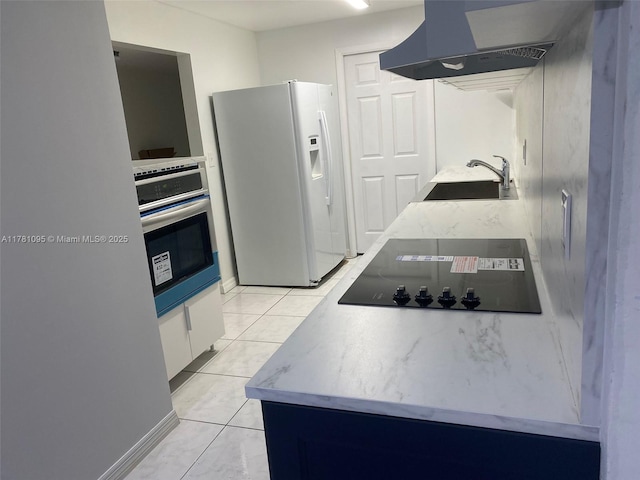 kitchen with oven, a sink, ventilation hood, black electric stovetop, and white refrigerator with ice dispenser