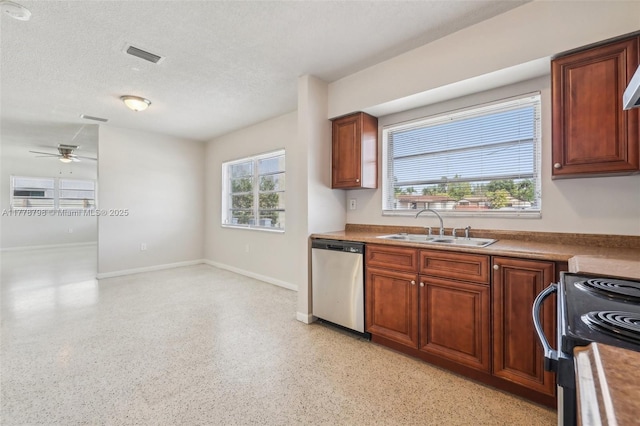 2650 SW 76th Ave, Miami, FL 33155 - kitchen featuring stainless steel dishwasher, range with electric stovetop, ceiling fan, brown cabinetry, and dark speckled floor
