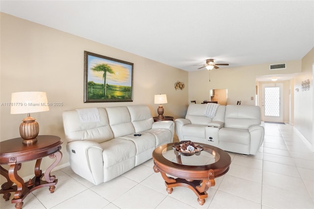 1020 Country Club Dr Unit 206, Margate, FL 33063 - living room with light tile patterned floors, visible vents, baseboards, and a ceiling fan