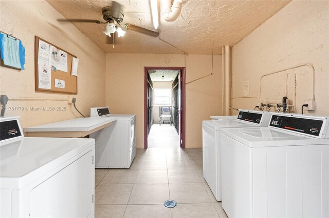 1020 Country Club Dr Unit 206, Margate, FL 33063 - community laundry room with a textured ceiling, light tile patterned floors, ceiling fan, and washer and clothes dryer