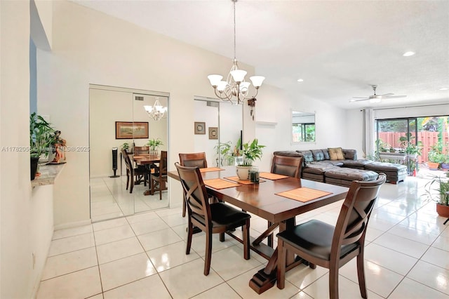 861 NW 79th Ter, Plantation, FL 33324 - dining room with recessed lighting, ceiling fan with notable chandelier, vaulted ceiling, and light tile patterned flooring