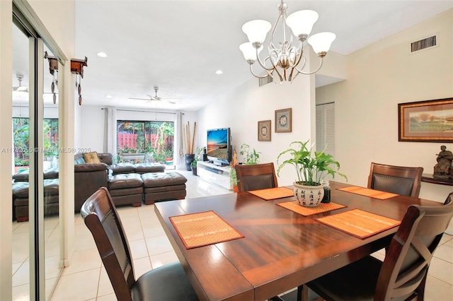 861 NW 79th Ter, Plantation, FL 33324 - dining room featuring ceiling fan with notable chandelier, light tile patterned floors, visible vents, and recessed lighting