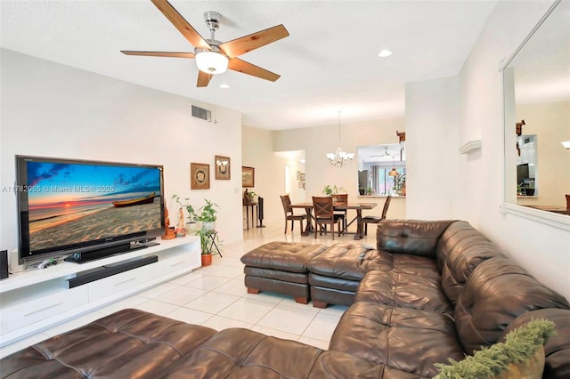 861 NW 79th Ter, Plantation, FL 33324 - living room featuring recessed lighting, visible vents, ceiling fan with notable chandelier, and light tile patterned flooring